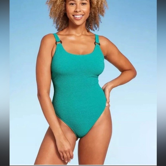 Shade & Shore sz S (4-6) Teal Textured High Leg Medium Coverage Swimsuit New - Picture 1 of 11